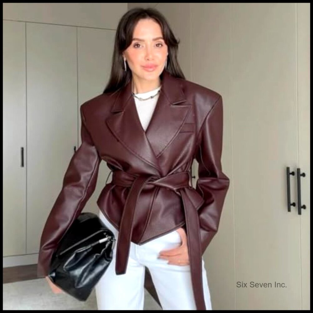 Faux Leather Biker Jacket Women Vintage Motorcycle Bomber Blazer Long Sleeve - Picture 6 of 7